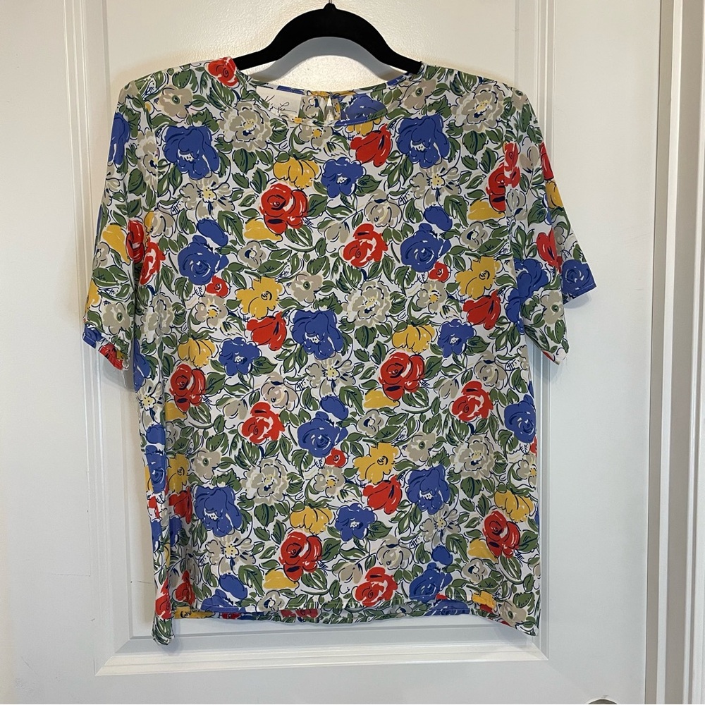 Vintage 90s Kathie Lee Watercolor Floral Primary Color Vibrant Blouse- Womens 12